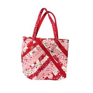 Handmade Valentines Day Tote Bag With Heart Patterns - Quilted Fabric Pink & Red
